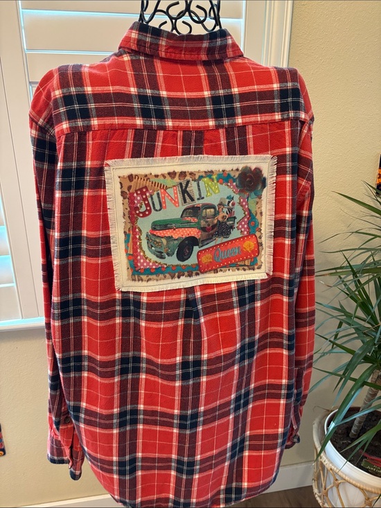 Handmade Tops - Handmade one of a kind Red Plaid Button-Up flannel with junkin queen Back Patch